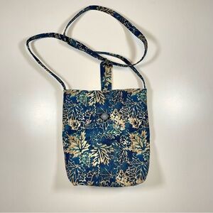 Boho Blue and Gold Leaf Pattern Cotton Quilted Crossbody Bag Handmade